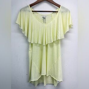 Lucky Brand size Large Women’s Yellow Burnout Flounce Ruffle Neck Top NWT